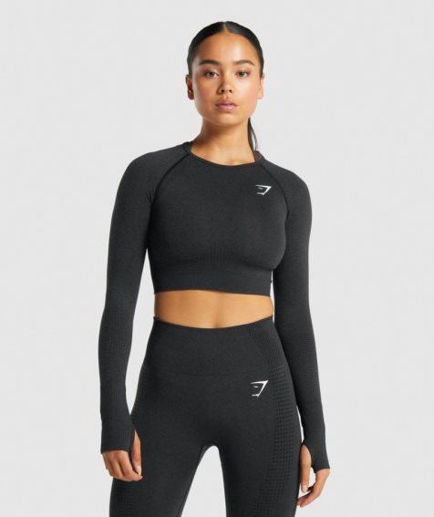 Women's Gymshark Vital Seamless 2.0 Long Sleeve Cropped Tops Black | NZ 3QJWDX